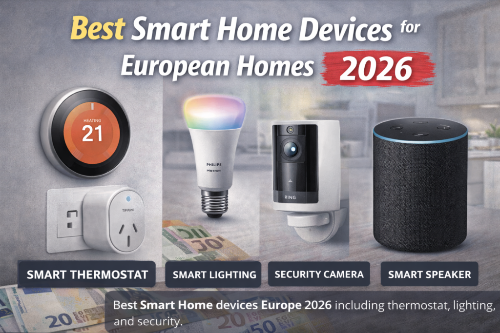 Best Smart Home Devices Europe 2026 including thermostat, lighting, and security