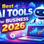 Best AI tools for business 2026 featuring AI robot, business automation icons, marketing analytics dashboard and free AI tools for companies