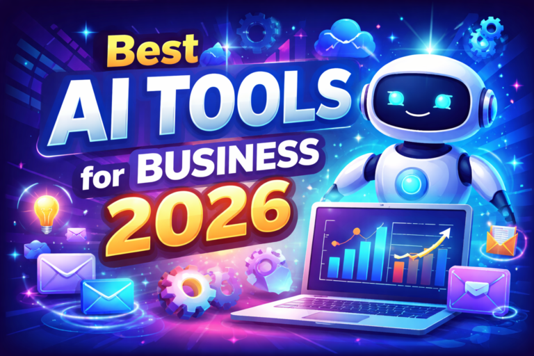 Best AI tools for business 2026 featuring AI robot, business automation icons, marketing analytics dashboard and free AI tools for companies