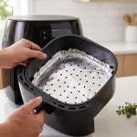 A person carefully placing a sheet of perforated aluminum foil into a black air fryer basket.
