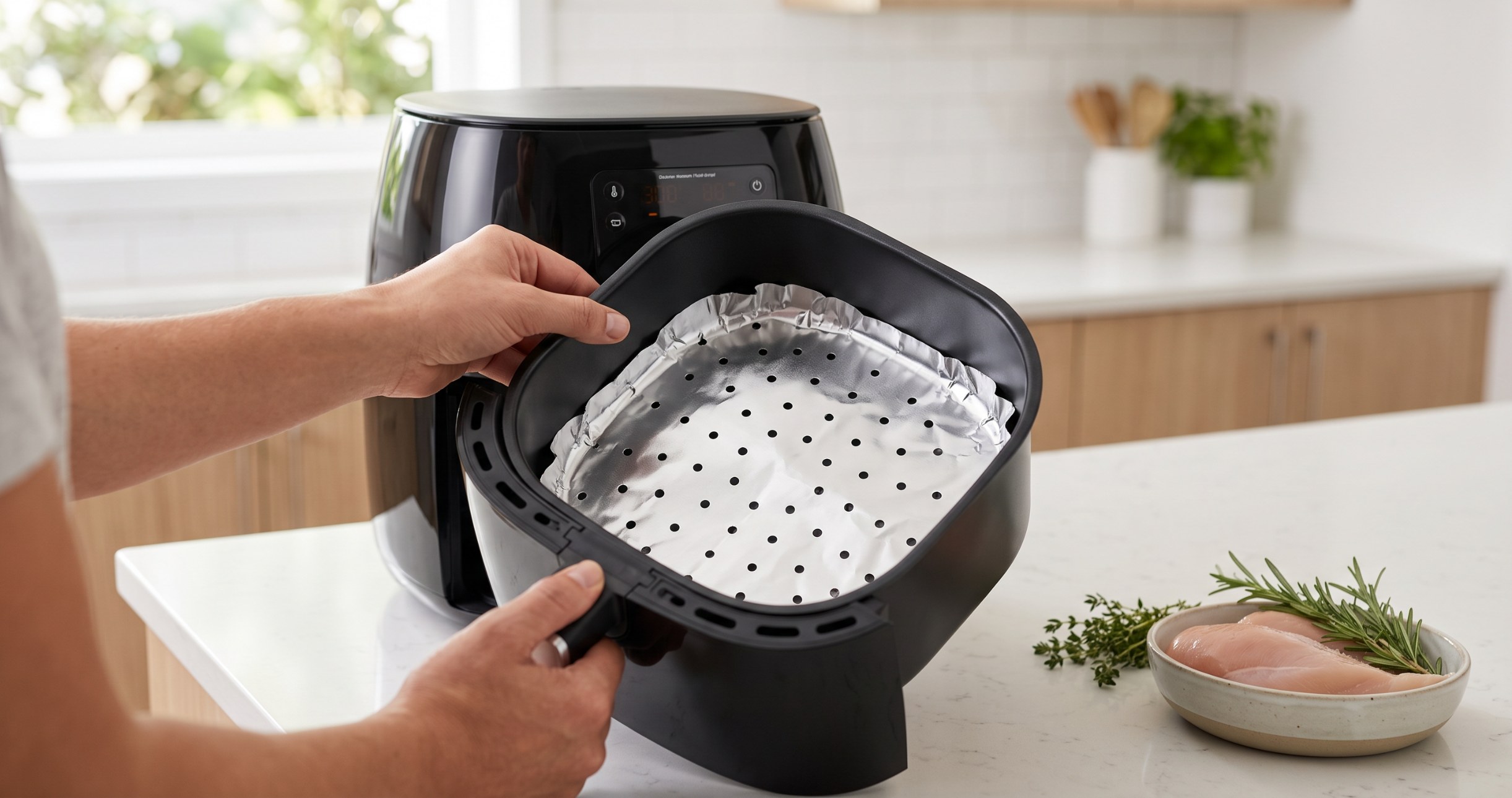 A person carefully placing a sheet of perforated aluminum foil into a black air fryer basket.