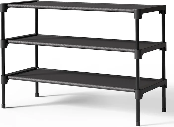 Kitsure 27.5 Inch 3-Tier Non-Woven Shoe Rack Shelf Organizer Stand Bla